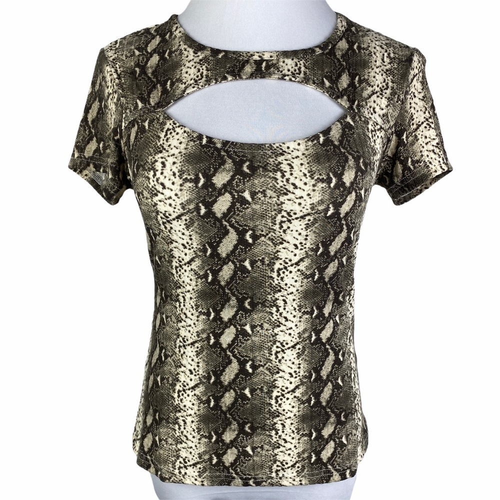 Vine & Valley‎ Snakeskin Print Window Neckline Top Women's Junior Large Tan NWOT